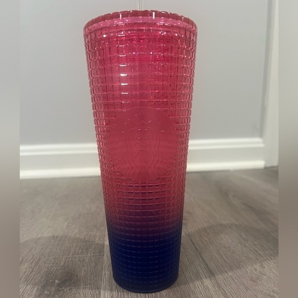 Starbucks Summer 2022 Watermelon Pink Blue Grid Tumbler Cold Cup 24oz Cup - Picture 2 of 5